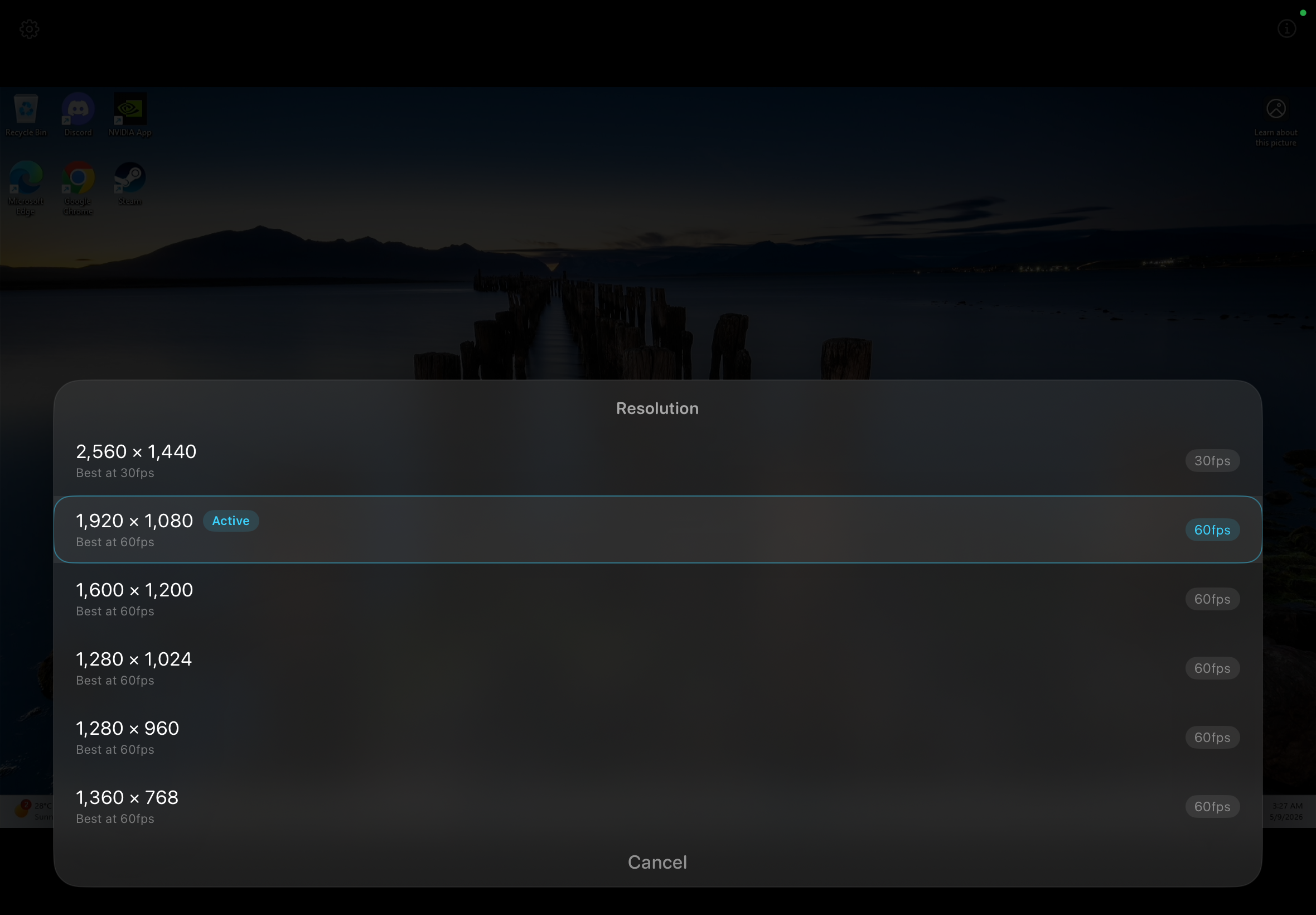 Resolution picker overlay