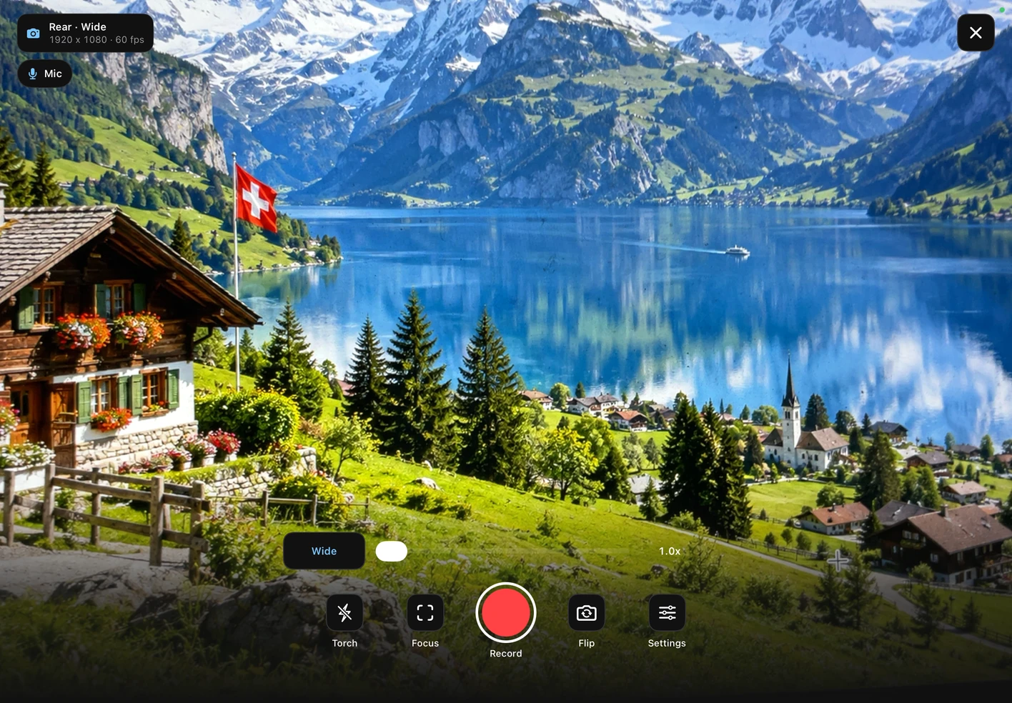 Mirage Camera on iPad showing a mountain lake with framing and recording controls